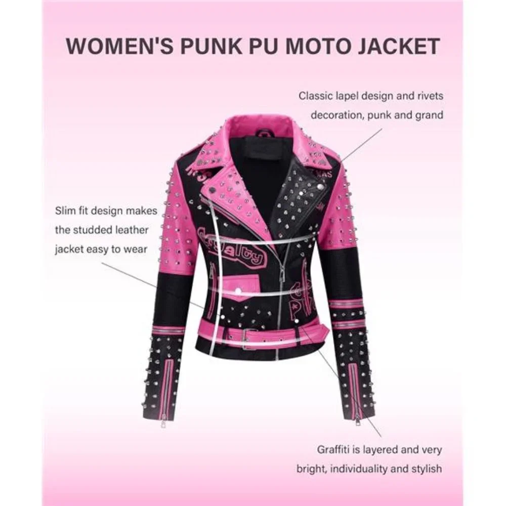 Women Faux Leather Jacket Studded Rivet Winter Streetwear Belted, Black-Pink - Picture 3 of 6